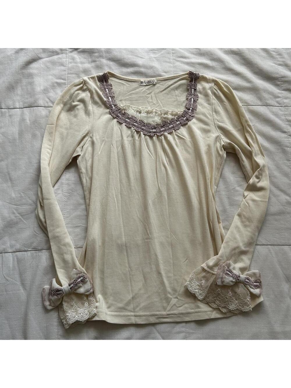 Axes Femme Cream Lace Ribbon Bow Cuff Long Sleeve Top Medium Japan